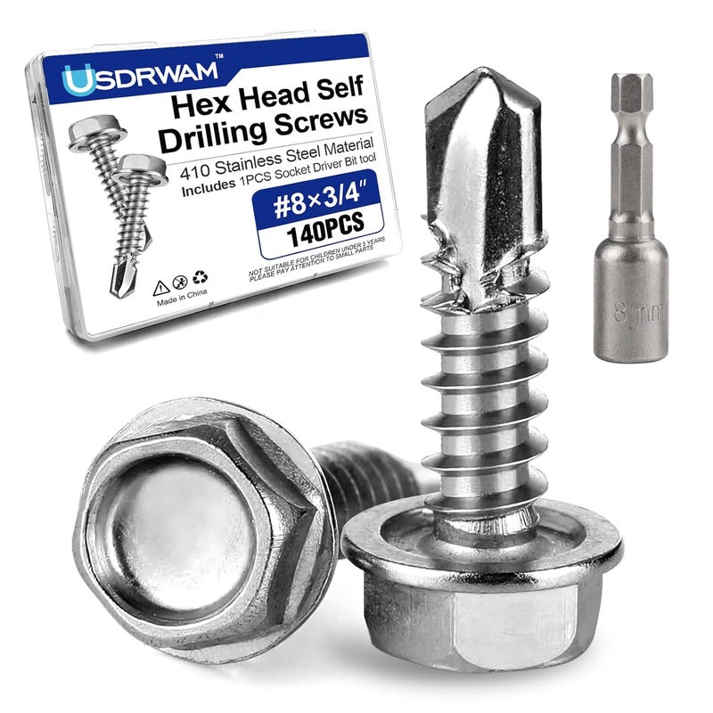 Usdrwam 140Pcs #8×3/4" Self Tapping Screws for Metal, 410 Stainless Steel Hex Washer Head Sheet Metal Screw - Image 1